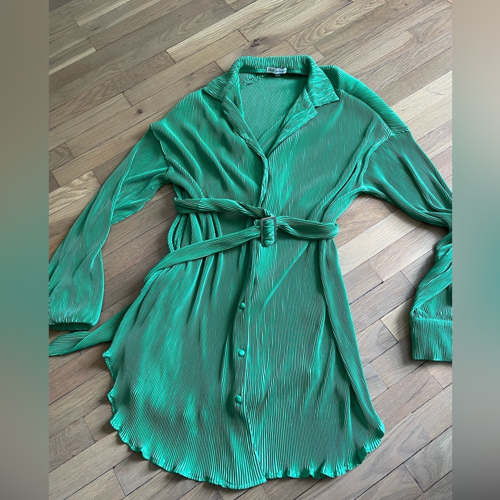 Green plisse belted button down dress